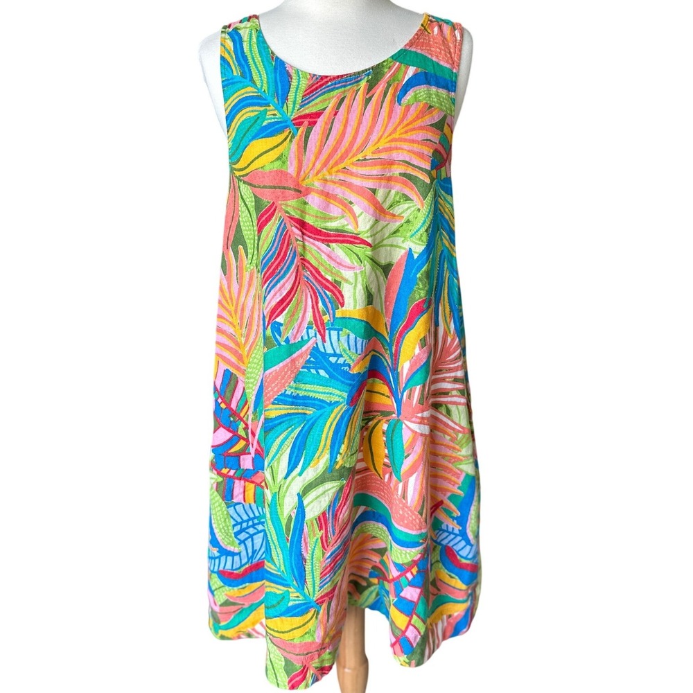 C&C California 100% Linen Sleeveless Shift Dress L Tropical Palm Leaf Multicolor